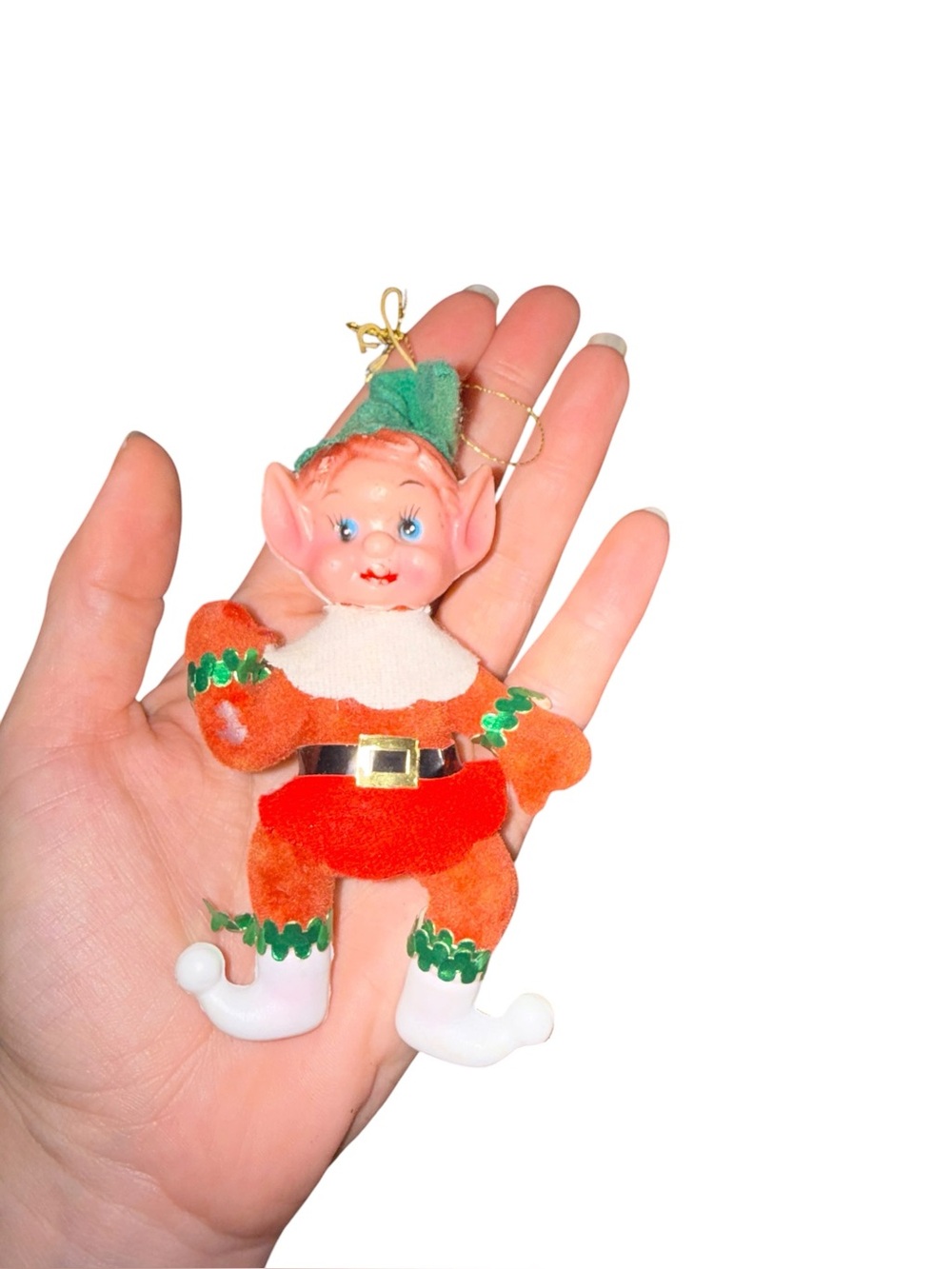 Vintage flocked elf Christmas ornament